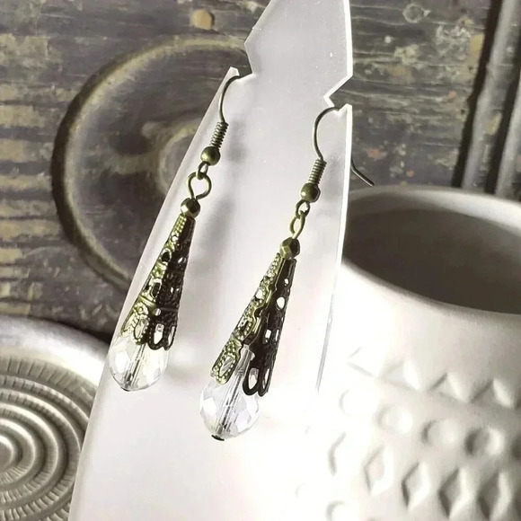 Antique Bronze Filigree Faceted Clear Luster Crystal Teardrop Earrings - Picture 1 of 9